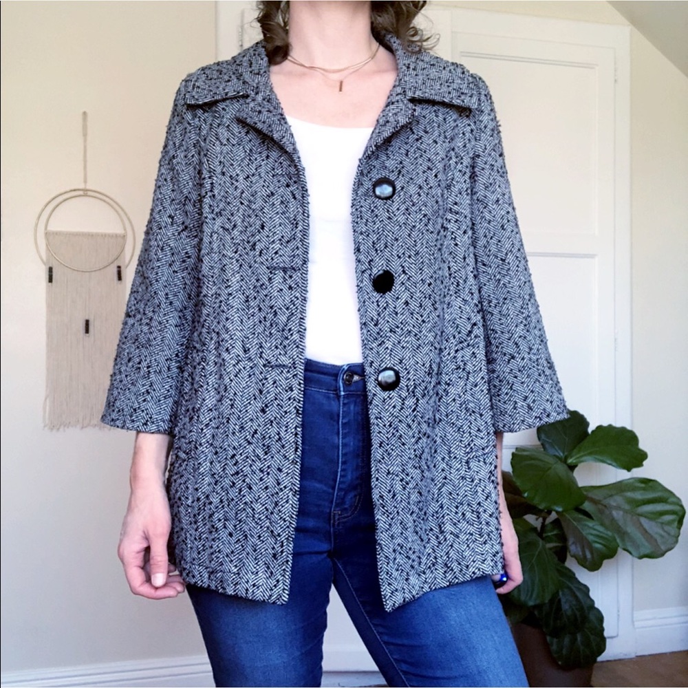 Salt & Pepper Wool Blend Black & White Pea Coat L